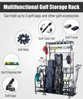 Garage Ready Golf Bag Storage Rack That Holds 3 Bags Up High With An Upper Shelf And 4 Removable Hooks displaying golf gear