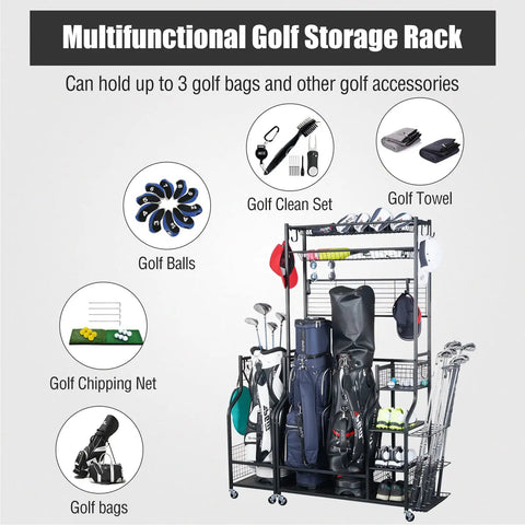 Garage Ready Golf Bag Storage Rack That Holds 3 Bags Up High With An Upper Shelf And 4 Removable Hooks displaying golf gear