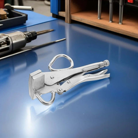 Adjustable Auto Body Frame Pulling Clamp with Extra Wide Duckbill Jaw on workshop table