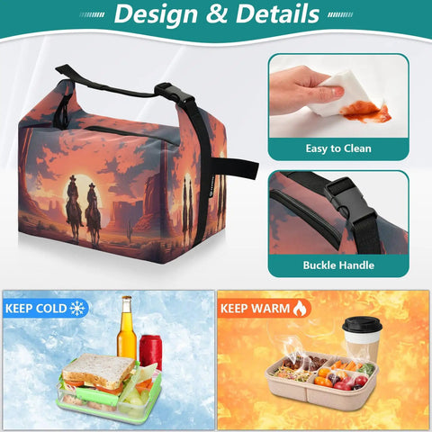 Cowboy Ride Desert Theme Insulated Lunch Bag with high capacity tote, easy to clean, buckle handle, keeps food warm or cold