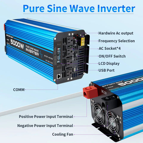 5000W Pure Sine Wave Inverter 12V DC To 110V 120V AC Converter with LCD Display, 4 AC Outlets, USB Ports, and cooling fan
