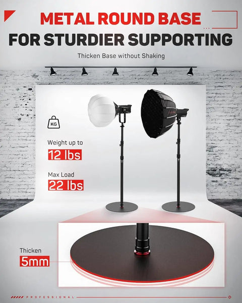 Round Base Light Stand Monopod for Cameras and Lighting, 79 Inch Tall, with weight capacity details in a studio setting.