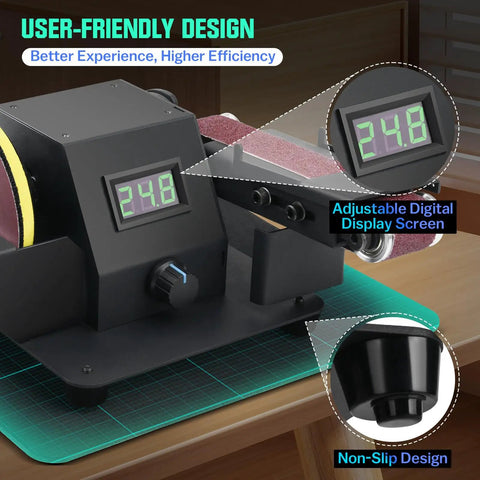 Slick 4 In 1 Mini Table Saw With Led Voltage Display And 7 Adjustable Speeds showing adjustable digital screen and non-slip design.