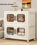 Heavy Duty Plastic Storage Bins With Secure Lids And Smooth Gliding Wheels Foldable Stackable Boxes in a bedroom setting with toys inside.