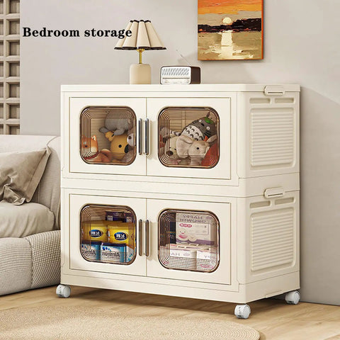 Heavy Duty Plastic Storage Bins With Secure Lids And Smooth Gliding Wheels Foldable Stackable Boxes in a bedroom setting with toys inside.