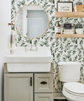Modern bathroom with Green Leaf Peel And Stick Wallpaper Olive Leaf Contact Paper Easy Peel And Stick Self Adhesive Vinyl Roll 17.7 Inch By 118.1 Inch Ideal For Bathroom And Home Renovation Modern Farmhouse Neutral Sage Decor on walls.