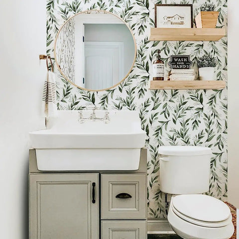Modern bathroom with Green Leaf Peel And Stick Wallpaper Olive Leaf Contact Paper Easy Peel And Stick Self Adhesive Vinyl Roll 17.7 Inch By 118.1 Inch Ideal For Bathroom And Home Renovation Modern Farmhouse Neutral Sage Decor on walls.