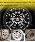 Premium 4 Piece 56Mm Wheel Hub Center Cap Stickers For Rims Featuring Bombproof Bolt Protectors And Vibration Control To Keep Your Rig Slick And Hella Secure on black rim with shiny spokes.