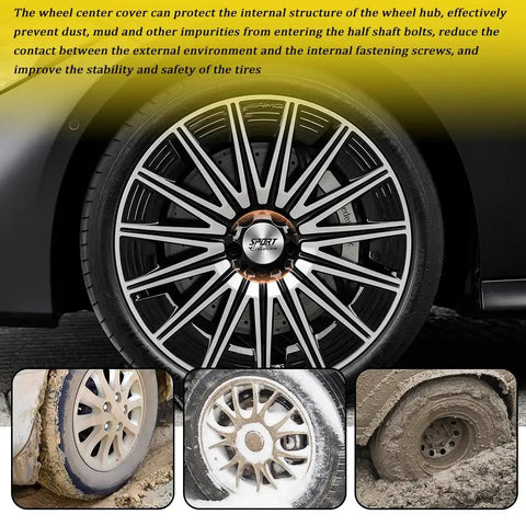 Premium 4 Piece 56Mm Wheel Hub Center Cap Stickers For Rims Featuring Bombproof Bolt Protectors And Vibration Control To Keep Your Rig Slick And Hella Secure on black rim with shiny spokes.