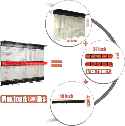 Pegboard Wall Organizer For Garage And Workshop 48 By 36 Inch With 72 Piece Hook And Bin Kit showing dimensions and load capacity