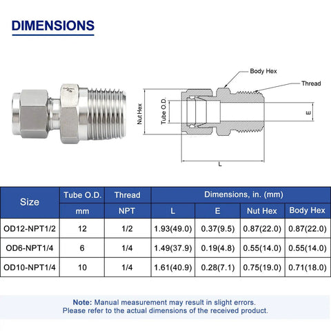 Technical drawing and dimensions of 2 Pack 316 Stainless Steel Compression Tube Fittings 6mm OD to 1 Quarter Inch NPT Male Straight Adapter