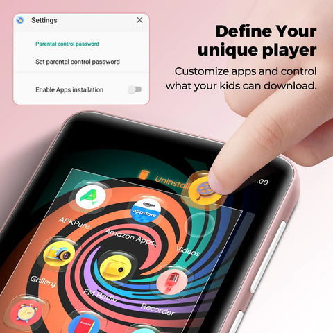 Finger touching screen of Kids Bluetooth MP3 Player With WiFi And 4.0 Inch Touch Screen Android Music Player, showing apps.
