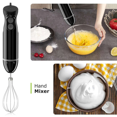 Slick 3 In 1 Immersion Blender Featuring Quick Adjust Speeds And A Heavy Lifter Motor Backed By Stainless Blades To Blend Soups And Shakes Effortlessly Without The Sweat preparing eggs in a glass bowl.
