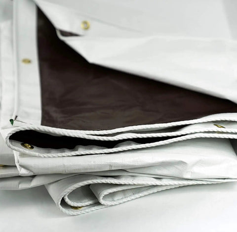 HydraTarp Super Beefy Heavy Duty 16 Mil Tarp, 18 By 24 Feet, showing reversible white and brown sides with brass grommets
