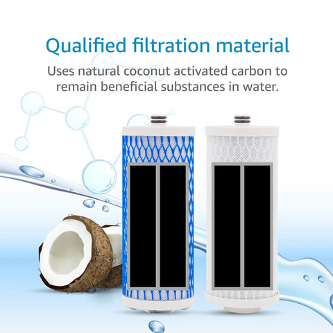 Replacement Faucet Water Filter For Aquasana AQ-4035 Systems, showing two filters with coconut activated carbon material.