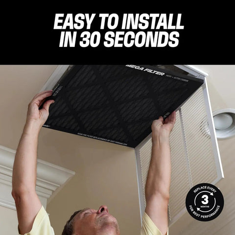 Person installing MegaFilter 14x24x1 Air Filter MERV 13 Activated Carbon in ceiling vent, highlighting ease of installation