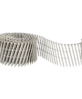 Stainless Steel Ring Shank Siding Nails Two And One Half Inch Long.090 Inch Diameter Fifteen Degree Collated Wire Coil close-up