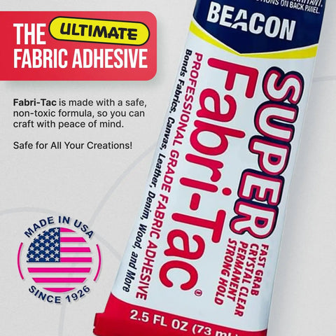 Packaging of Beefed Up Heavy Duty Fabric Adhesive For Indoor And Outdoor Use With Fast Grab And Quick Drying Crystal Clear Bond For Fabrics Wood Glass And More 2.5 Ounce Industrial Grade
