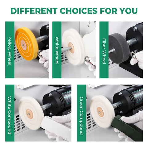 Different polishing wheels including yellow, white, fiber, and green for the Robust 1500W Jewelry Polishing Machine.