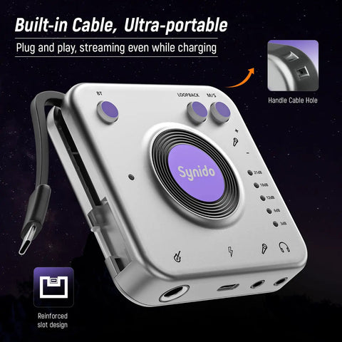 Portable Guitar Audio Interface 24Bit 96kHz USB C Gear with built-in cable and ports, shown in detail for mobile use.