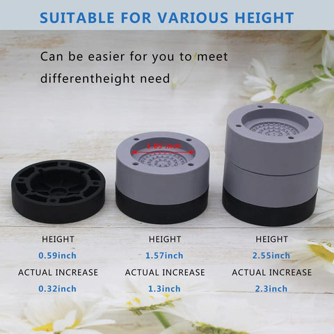 Beefy Heavy Duty Furniture Risers Set Of 4, 2 Inch Round Bed Lifts With 1 And 3 Inch Inserts, displayed with height measurements