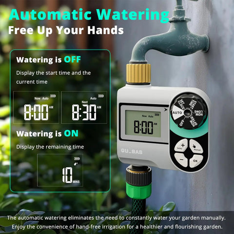Programmable Sprinkler Timer with Brass Inlet and Outlet attached to outdoor garden hose displaying digital controls.