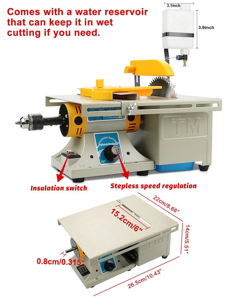Mini Table Saw For Rock And Jewelry Making With Flexible Shaft 0 To 10000 RPM, showing water reservoir and workspace dimensions.