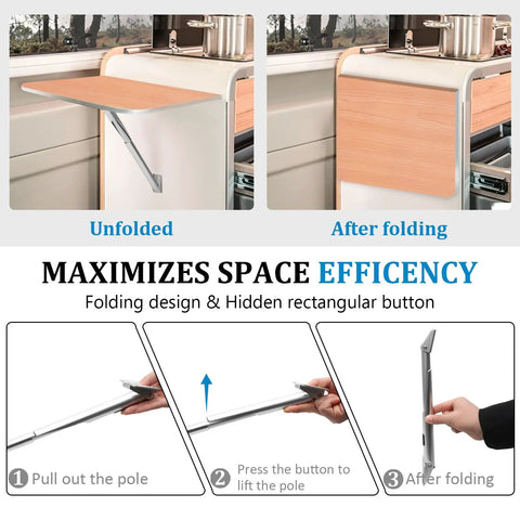 Heavy Weight Aluminum Alloy Telescopic Wall Mount Bracket With Quick Grip Auto Lock, shows unfolding and folding process for RV use.