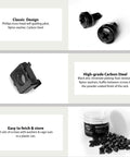 Heavy Duty M6 Rack Screws And Cage Nuts 50 Pack For Server Cabinet Rack Mounting Network Gear Phillips Truss Head With Nylon Washers No Sweat Install Slick Black Hardware Kit in a plastic can with screws and nuts.