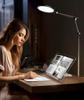 Clear Acrylic Book Stand With Adjustable Angle, Foldable Cookbook And Laptop Display Holder on desk with lamp