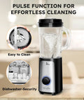 5 In 1 Kitchen Blender And Food Processor Set with pulse function, BPA free 47 oz pitcher, shown with cleaning features