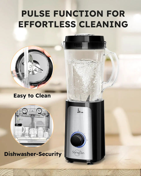 5 In 1 Kitchen Blender And Food Processor Set with pulse function, BPA free 47 oz pitcher, shown with cleaning features