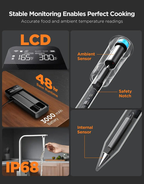 Smart Wireless Meat Thermometer With Bluetooth And WiFi Ultra Range, Digital Oven Thermometer features and design details