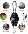 Digital Hanging Crane Scale 660Lb 300Kg With Hold And Tare, Heavy Duty Aluminum Body, Stainless Steel Hook, shown with different uses