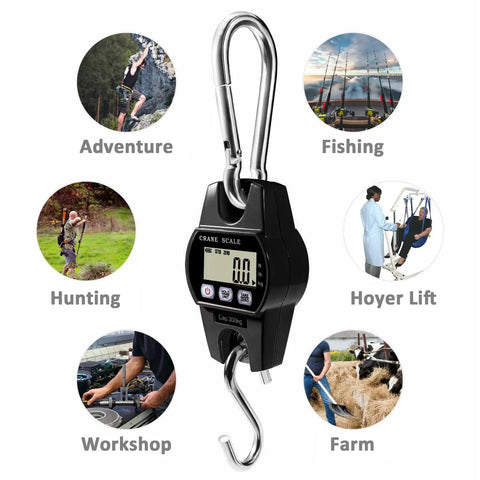 Digital Hanging Crane Scale 660Lb 300Kg With Hold And Tare, Heavy Duty Aluminum Body, Stainless Steel Hook, shown with different uses