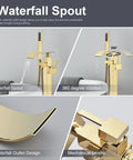 Gold Polished Floor Mounted Tub Filler Faucet With Handheld Sprayer showcasing waterfall spout and 360-degree rotation