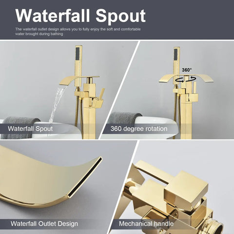 Gold Polished Floor Mounted Tub Filler Faucet With Handheld Sprayer showcasing waterfall spout and 360-degree rotation