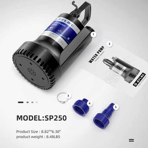 Half Horsepower Submersible Sump Pump For Pool Draining Portable Utility Water Pump For Garden Or Basement Floods Easy Setup Sub Pump With Universal Hose Adapter shown with accessories and manual.