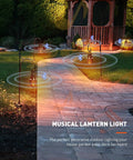 2 Pack Outdoor Bluetooth Speakers With LED Flame Flickers lining a garden path, providing a warm ambiance with wireless stereo sound.