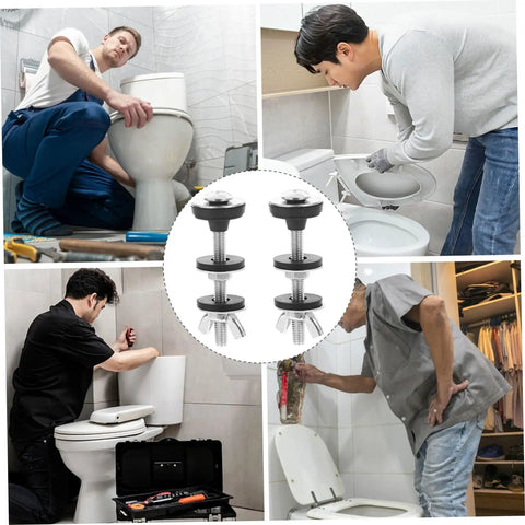 Collage showing Stainless Steel Toilet Seat Screws And Bolts Set For Quick Replacement used by people in home improvement projects.