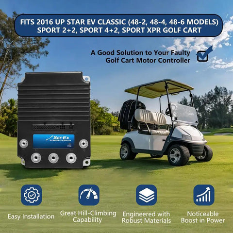 Plug And Play Golf Cart Controller 48V 400A Direct Replacement on golf course with cart, showcasing easy install and robust design.