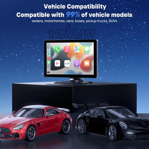 9 Inch Wireless CarPlay Screen For Car With 4K Dash Cam And 1080p Backup Camera DVR displayed with model cars