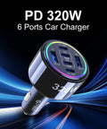 Heavy Hitter 320W USB Type C Car Charger Six Port PD Fast Charge Adapter with colorful ports for laptops, phones, and tablets.