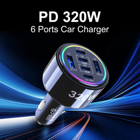 Heavy Hitter 320W USB Type C Car Charger Six Port PD Fast Charge Adapter with colorful ports for laptops, phones, and tablets.