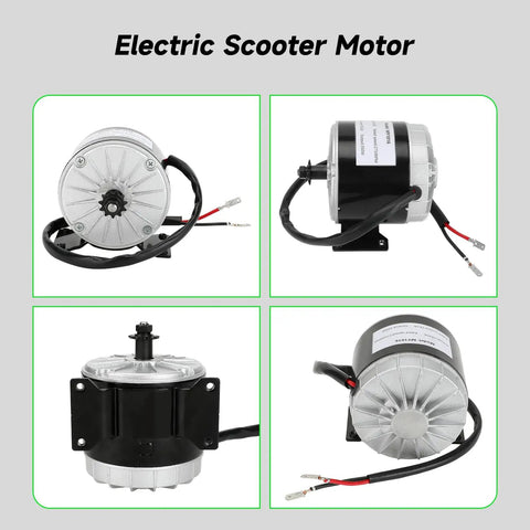 Front and side view of 24V Electric Motor Replacement For E300 E300S E325 Scooters And MX350 MX400 Dirt Rocket Bikes 2750 RPM 350W