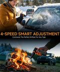 Person using Beast 430G Hurricane Airflow Electric Air Duster to clear snow from car next to campfire with Jeep in background.