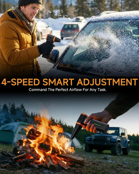 Person using Beast 430G Hurricane Airflow Electric Air Duster to clear snow from car next to campfire with Jeep in background.