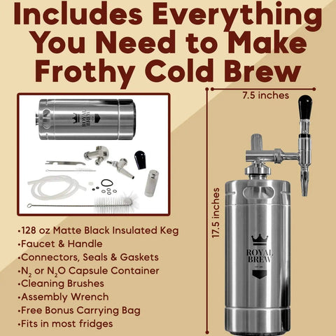 Nitro Cold Brew Coffee Maker Kit With 128 Oz Extra Large Keg And Nitrogen System For Home Baristas Dispenser Kit For Smooth Frothy Cold Brew Ideal Gift For Coffee Lovers, shown with assembly items and stainless steel keg.