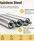 Stainless Steel Spring Loaded Conveyor Roller For Reel Mower Table Saw Outfeed Table shows three polished stainless steel rollers.