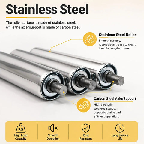 Heavy Duty Stainless Steel Gravity Conveyor Roller For Warehouse Flow Rack And Material Handling with polished surface.